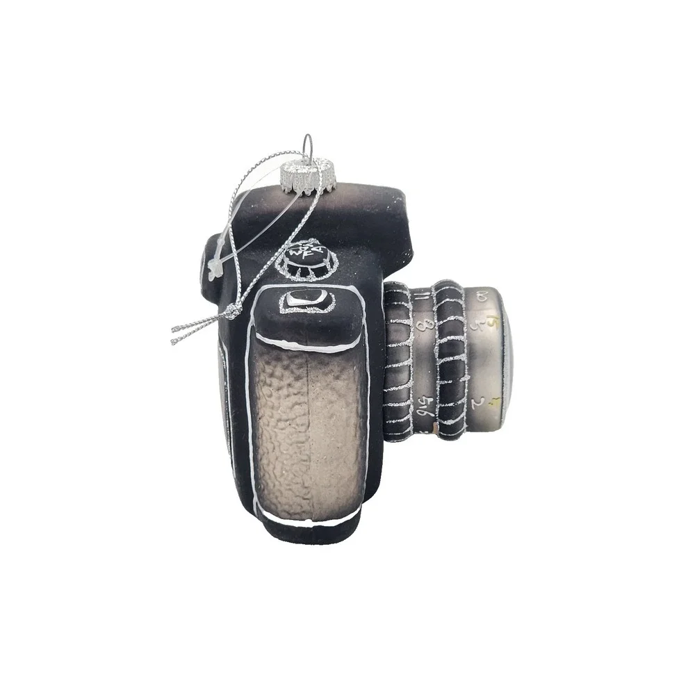 Vintage‎ Christmas Blown Glass Camera Ornament Black with Silver Accents Hanging